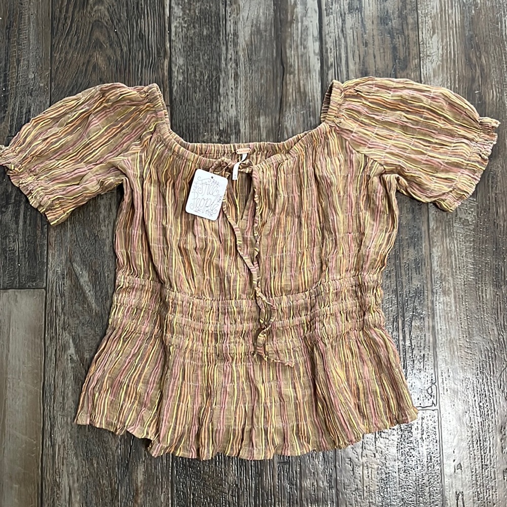 🔥Free People Vivi Smocked Peasant Blouse Boho Earth Tone Crop Top Blouse🔥